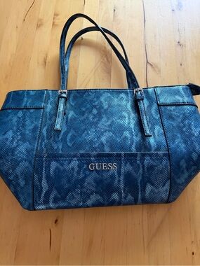 GUESS Teal Blue Snake-Print Tote with Front Logo